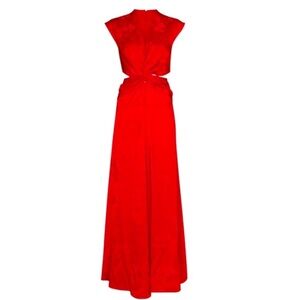 Wo Pienza Floral Satin Red Maxi Asymmetric Cutout Bridal Event Gown XS